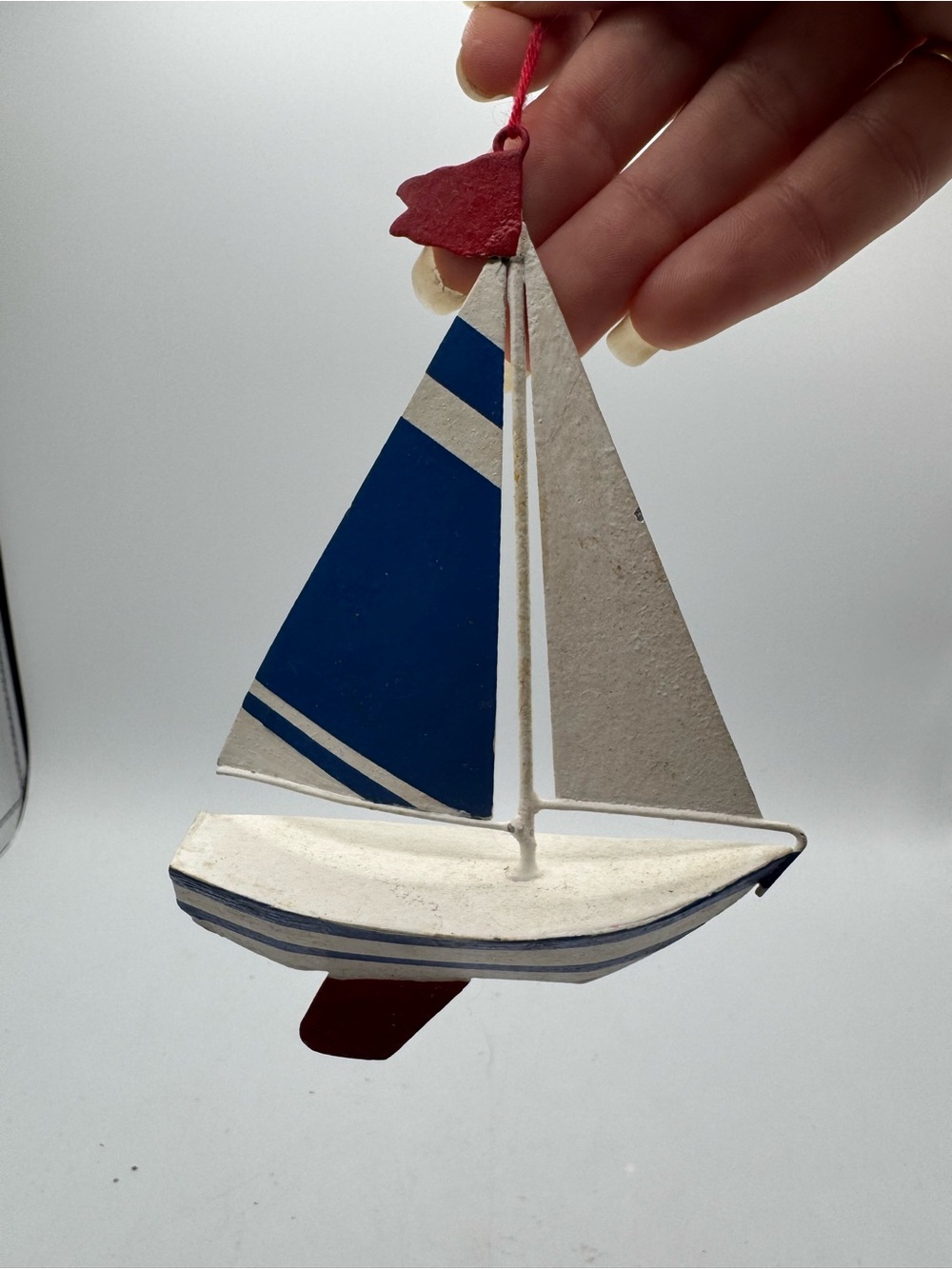 Painted Metal Red White Blue SAILBOAT Christmas Ornament